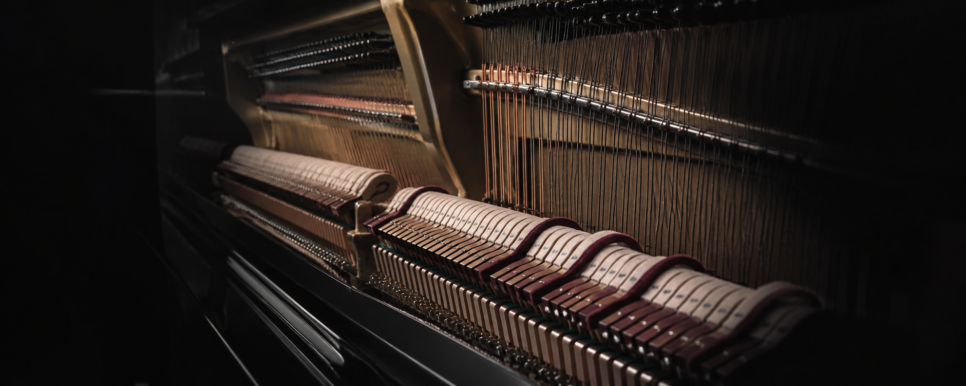 Piano strings and hammers in warm studio light